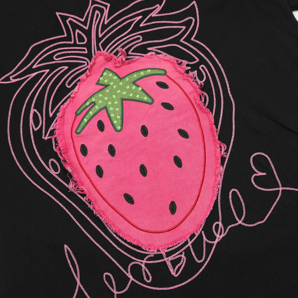 Men's short sleeve pure cotton top with strawberry embroidery, available in black or white, sizes M L XL