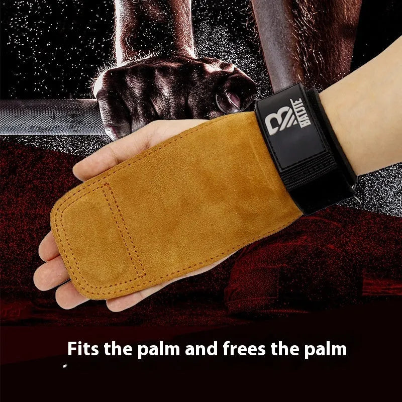Brown neoprene wrist protector with a wide adjustable strap, shown on a wrist next to a pull-up bar.