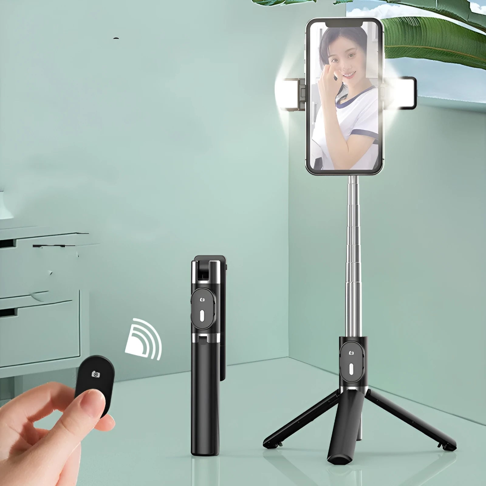 Black Bluetooth fill light selfie stick with tripod, ABS and stainless steel, compatible with Apple iPhone
