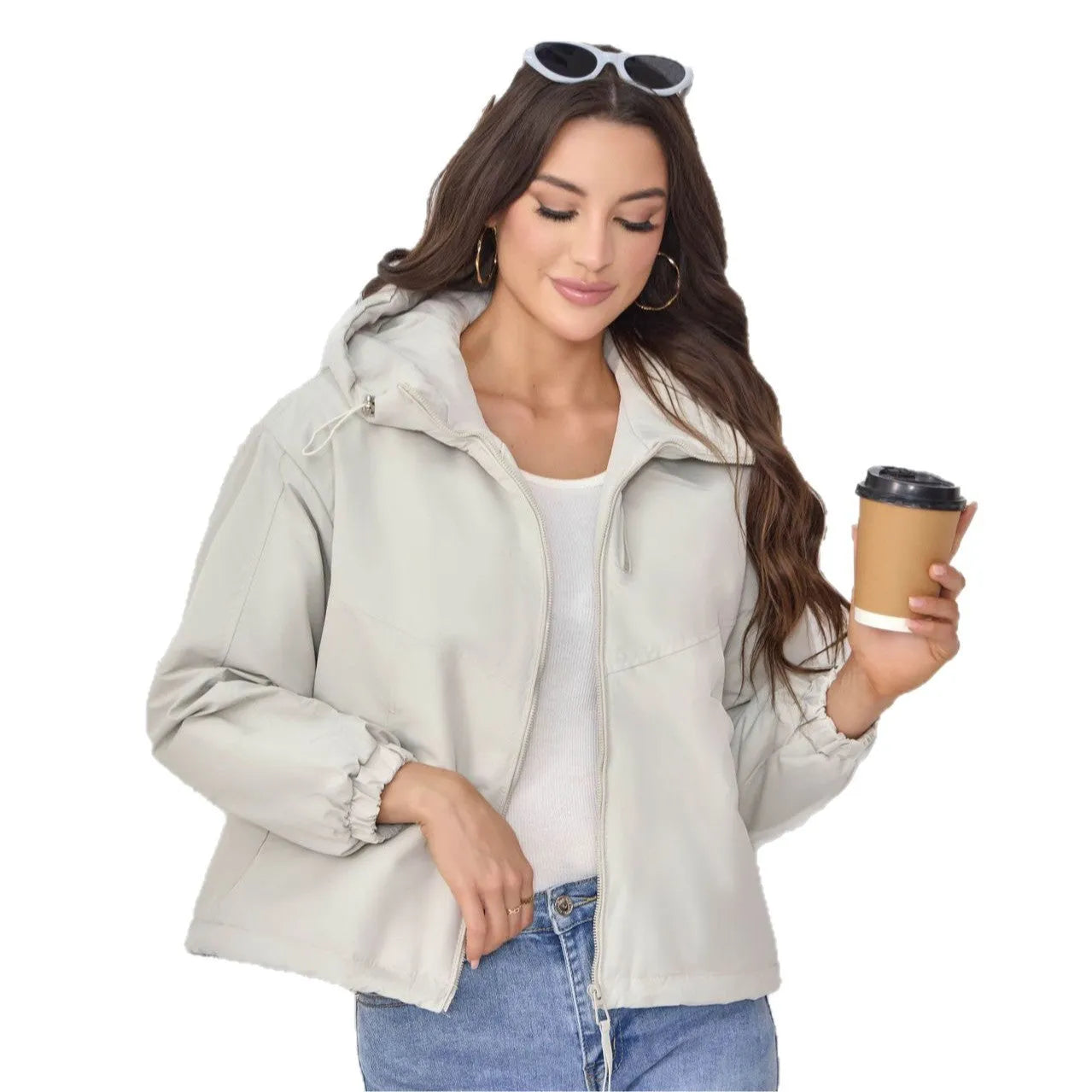 Women's loose fit hooded shell jacket in polyester, shown in grey, black, or purple.