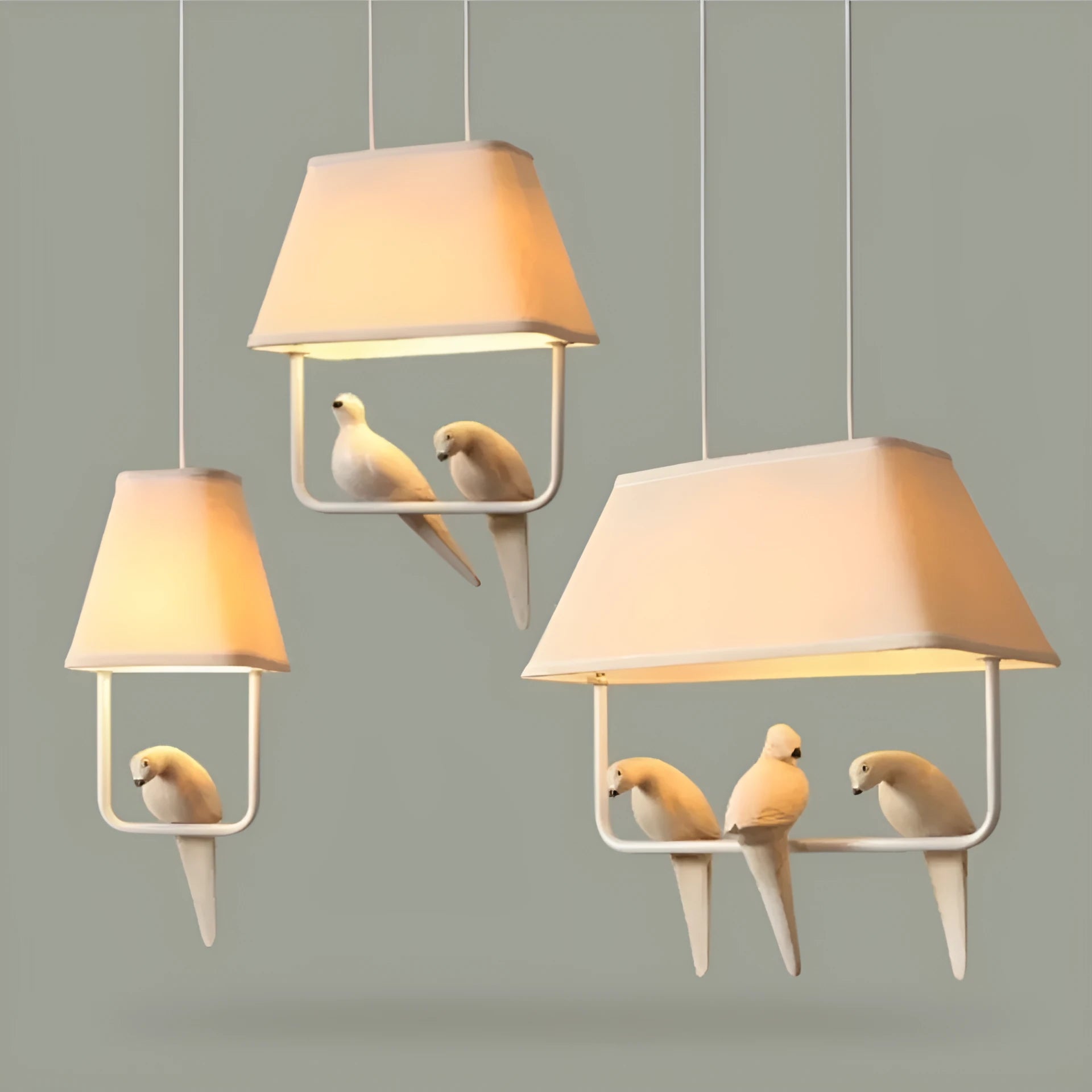 Iron and fabric bird chandelier ceiling lamp with decorative bird silhouette shade.
