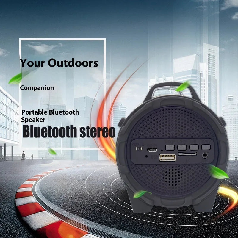 Black portable 8W Bluetooth speaker with card insertion and call function, supplied with suspender