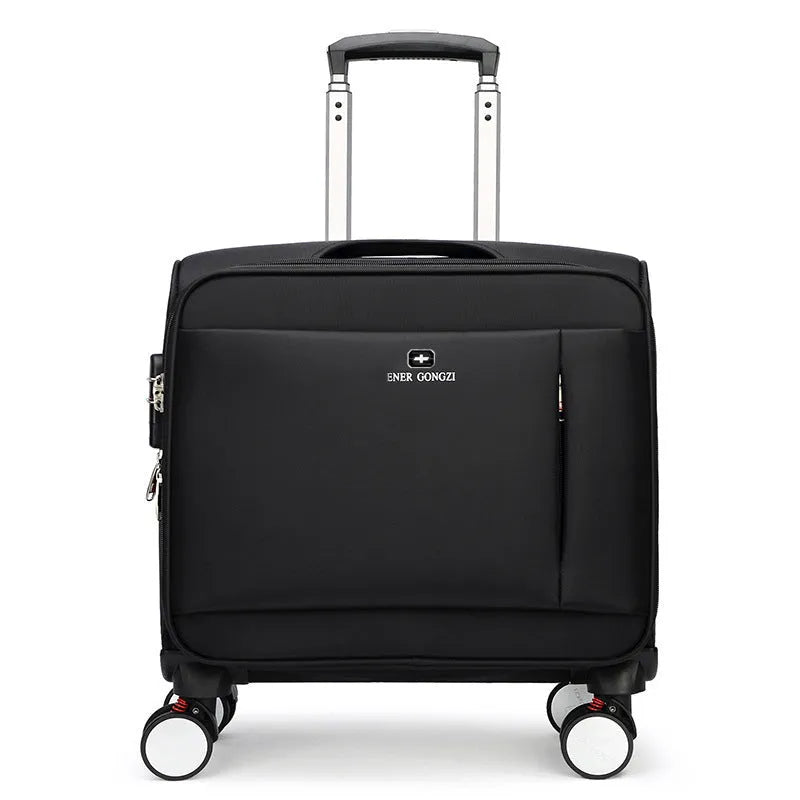 Black 18-inch carry-on cabin suitcase with retractable handle, four wheels, and combination lock on anti-theft zips.