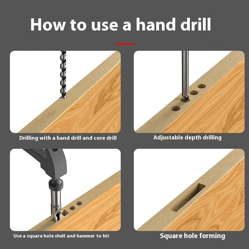 Carbon steel square hole drill bit and core set measuring 12.7mm for woodworking.