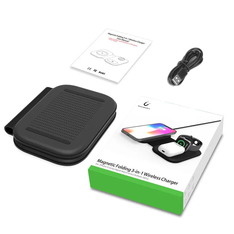 Magnetic wireless three-in-one foldable charger in black with iPhone, Apple Watch, and AirPods placed on charging zones
