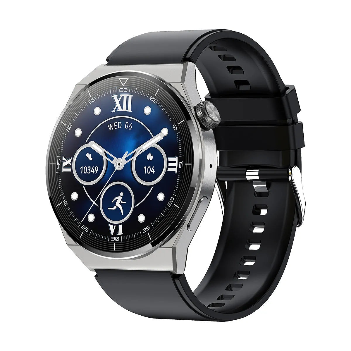 Black and silver Android smart watch with round 1.36-inch display, silicone band, Bluetooth and NFC functionality