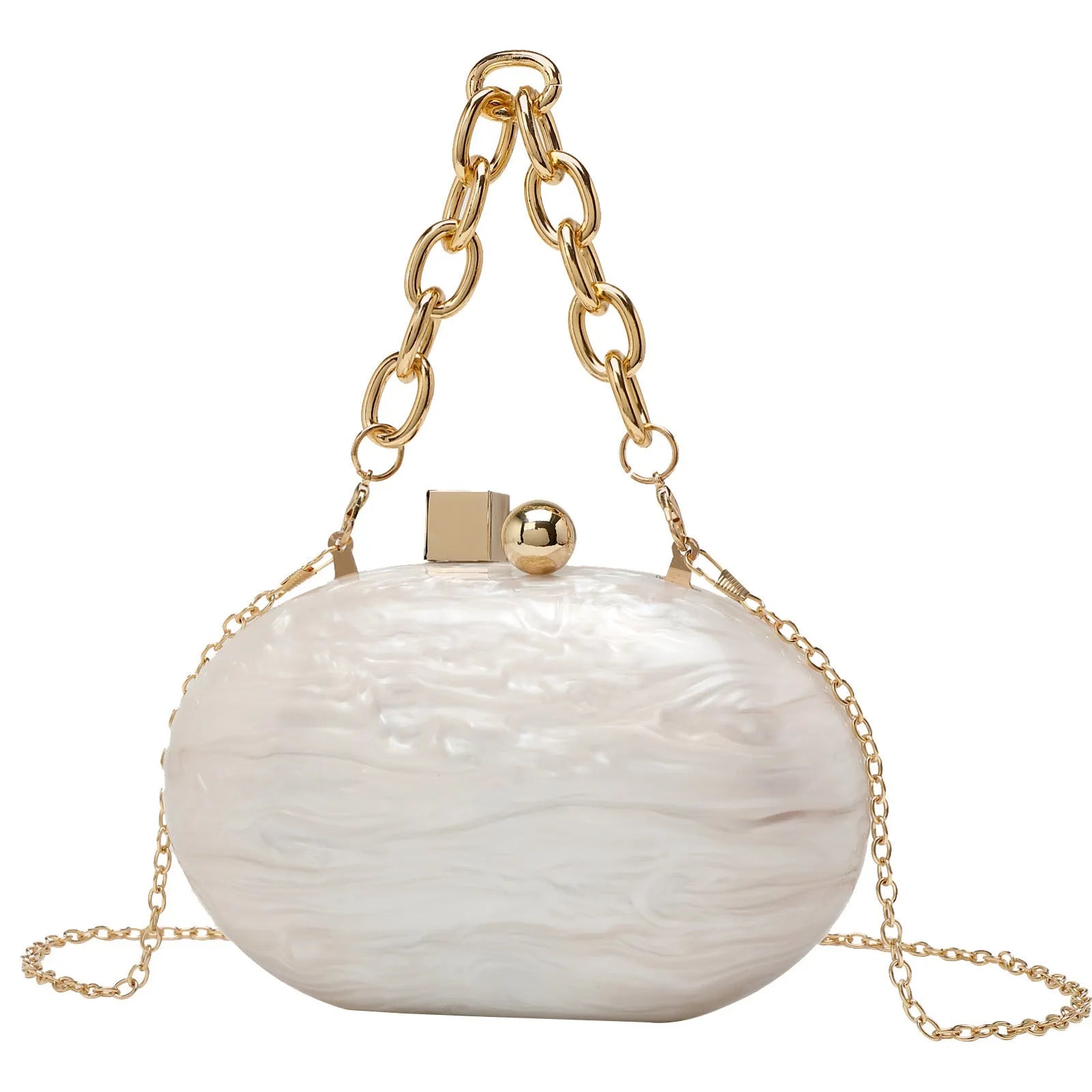 Oval acrylic women's clutch bag with detachable chain in pearlescent colour options