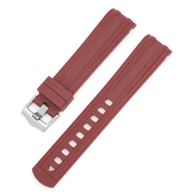 Apple Watch strap with silver buckle in 12 colour options including army green, sapphire blue, and dark red.