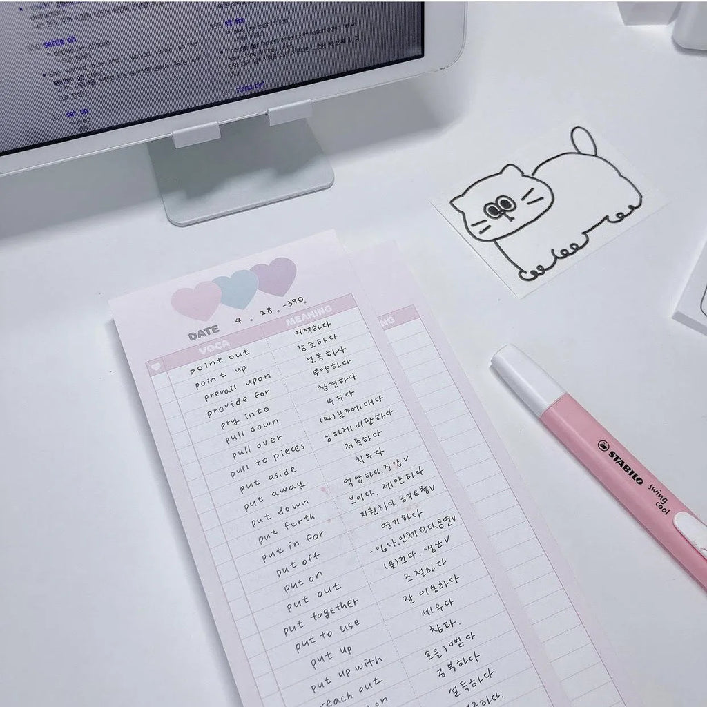 Vertical half-B5 notepad with printed lines for English words, in blue cover.
