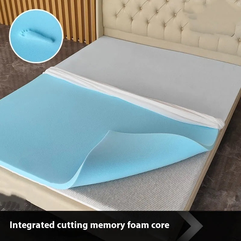 Thin gel memory cotton mattress on a tatami mat, showing 2cm, 3cm, and 5cm thickness options.