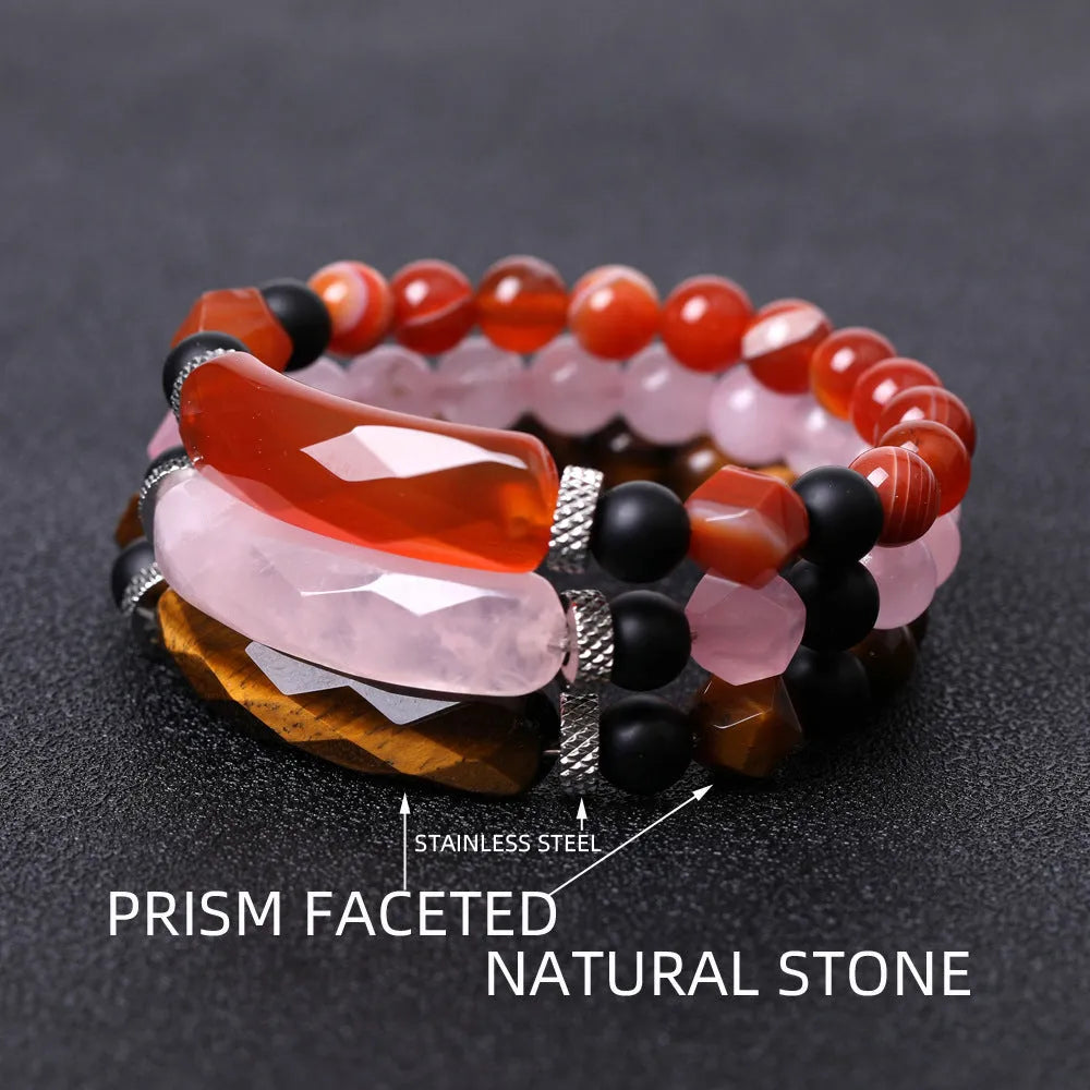 Handmade diamond-shaped cut agate bracelet with geometric design and fan-shaped elements
