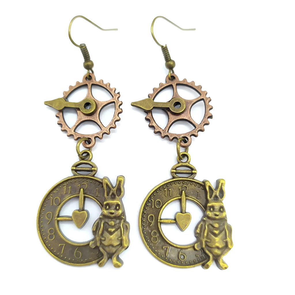 Alloy steampunk rabbit clock gear pointer earrings for women in antique silver