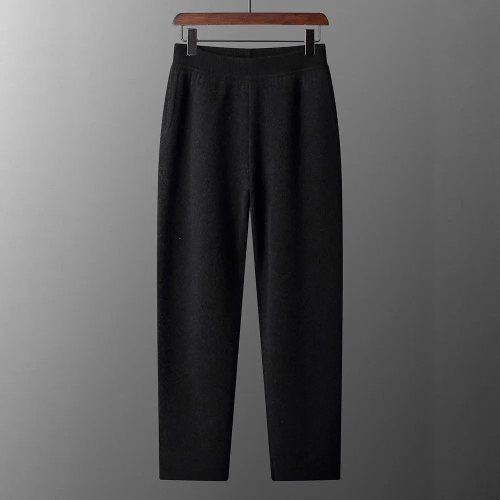 Men's thick cashmere high waist tapered trousers in black, elephant gray, and raw velvet, sizes M to XXL