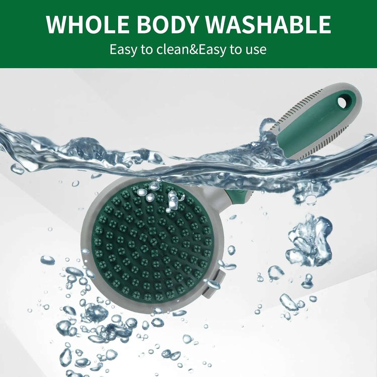 Green 2-in-1 silicone pet grooming brush showing slicker brush side and octopus-teethed massager side