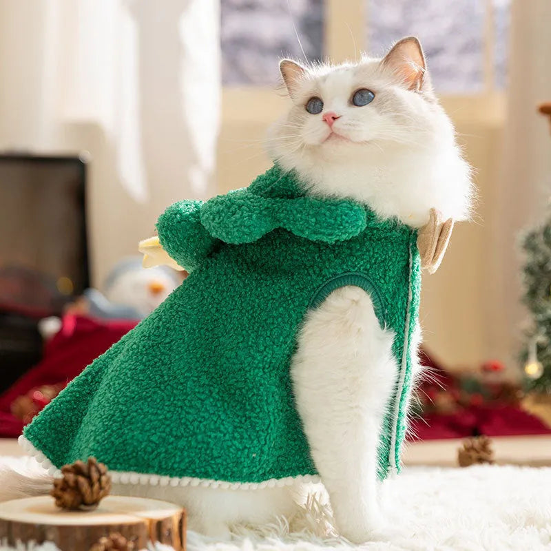 Brown cartoon elk design polyester cloak on a cat, showing the garment's fit and style.