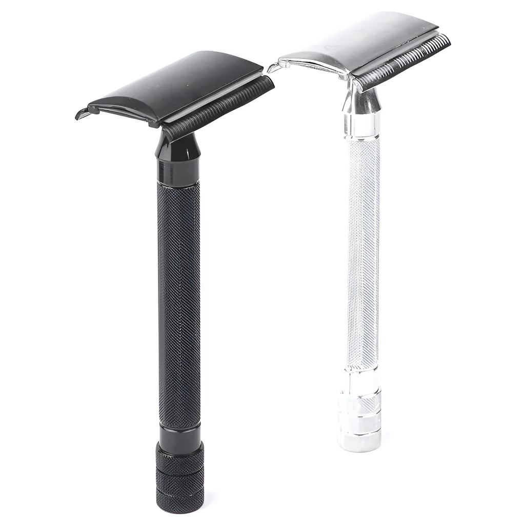 Traditional manual shaving razor with brush combination set in black or silver finish