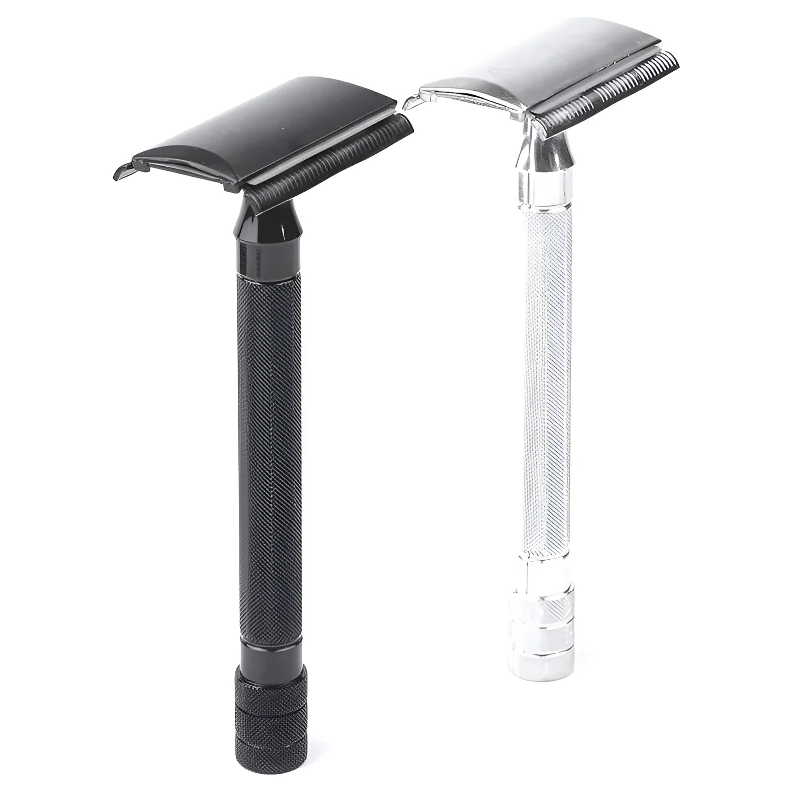 Traditional manual shaving razor with brush combination set in black or silver finish
