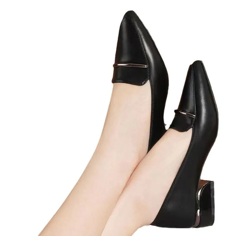 Black pointed soft-soled leather low-heel slip-on shoe with metal detail, mesh and PU upper