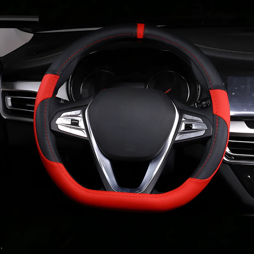 Universal leather steering wheel cover in round and D-shaped styles for 38cm wheels.