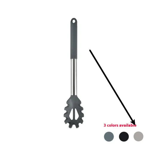 Silicone kitchen utensil set with twelve tools in a rotating white storage caddy on a counter.