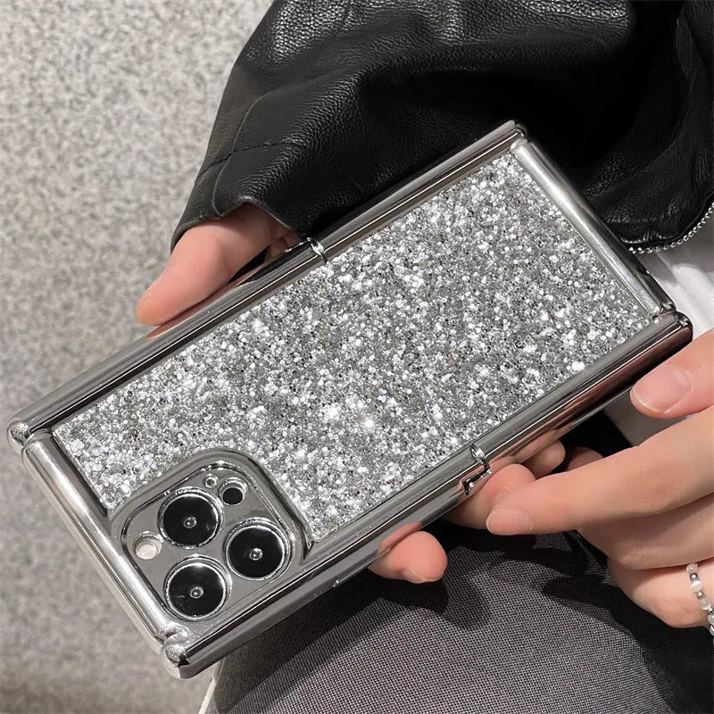Silver electroplated silicone phone case with glitter and invisible bracket for iPhone