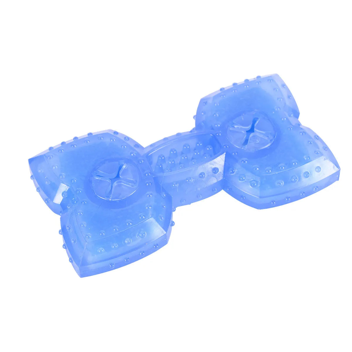 Blue freezable dog chew toy in bone and circle shapes for teething and cooling relief.