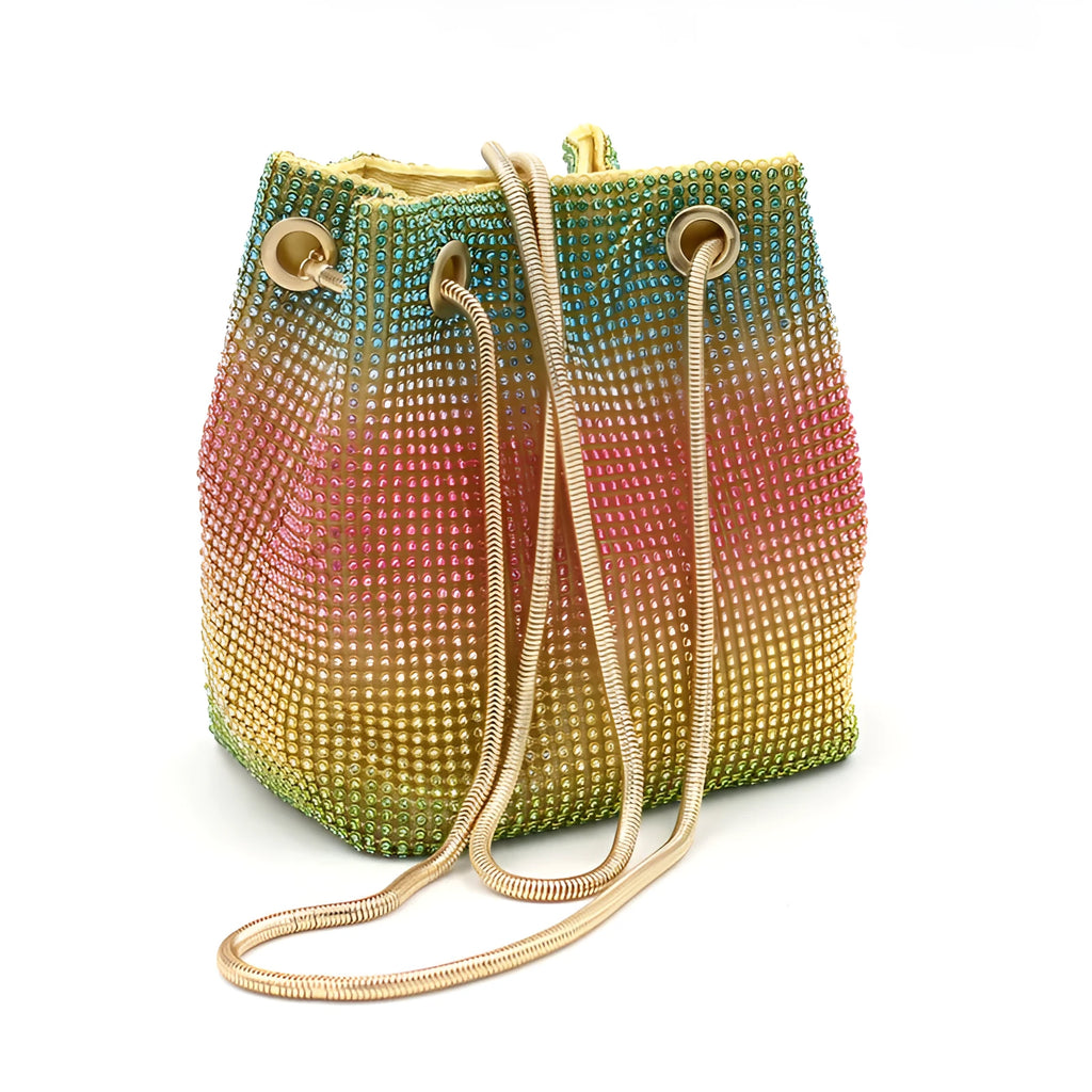 Soft rainbow rhinestone bucket bag with adjustable strap, shown in multicoloured sparkle.