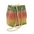 Soft rainbow rhinestone bucket bag with adjustable strap, shown in multicoloured sparkle.