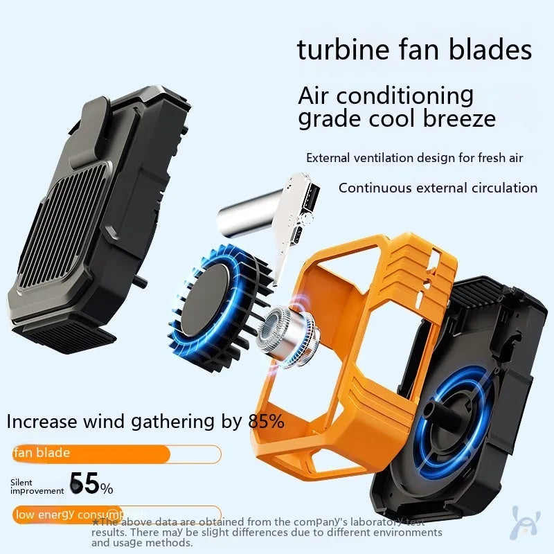 Green wrist-mounted fan with LED light and USB charging port showing three-speed controls