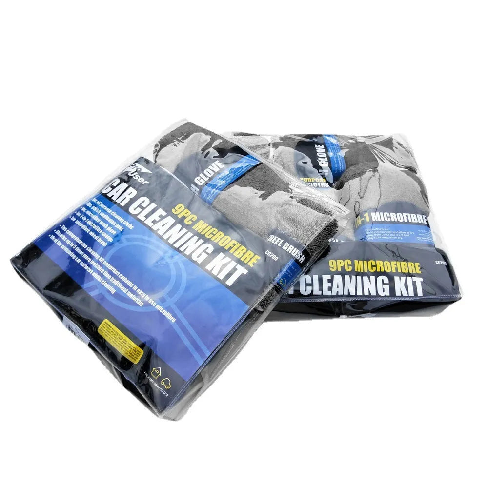 9-piece car cleaning cloth and sponge set with waxing and wheel hub brushes in gray, orange, and variegated colours