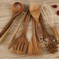 Seven wooden cooking utensils including spoon and shovel for non-stick pans