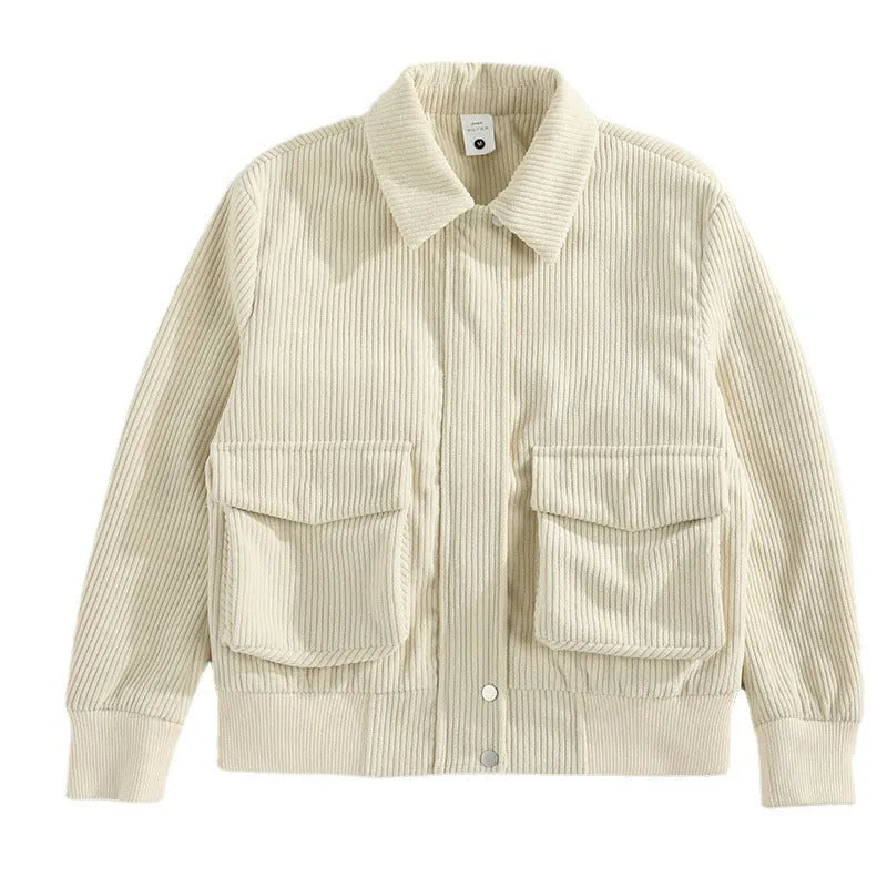 Men's loose fit corduroy coat in green, black, apricot or blue, sizes M to 3XL, with drawstring sleeves