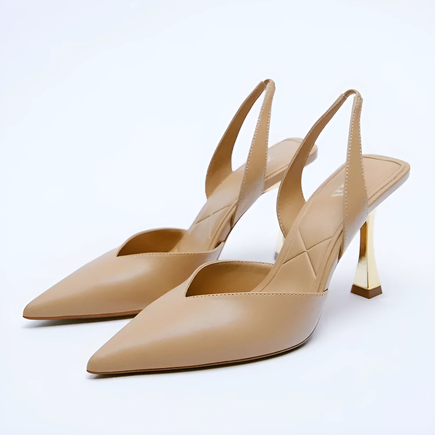 Women's nude and black patent leather pointed high heels with a shallow mouth design