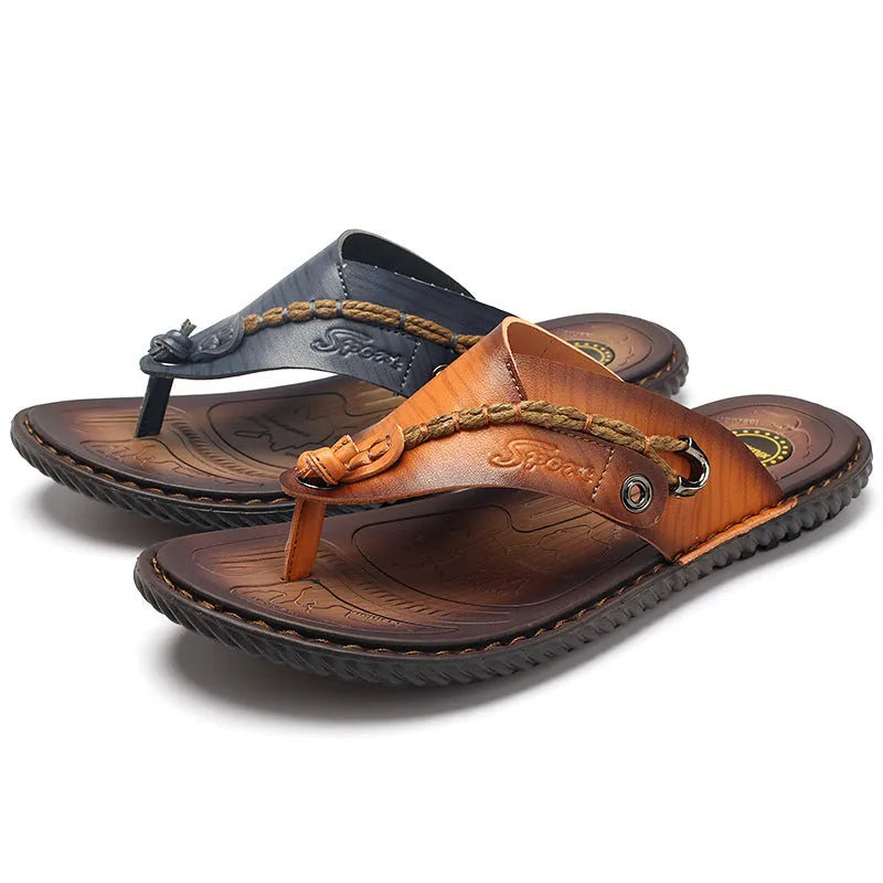 Men's herringbone pattern outdoor slippers in dark blue with rubber sole and leather lining