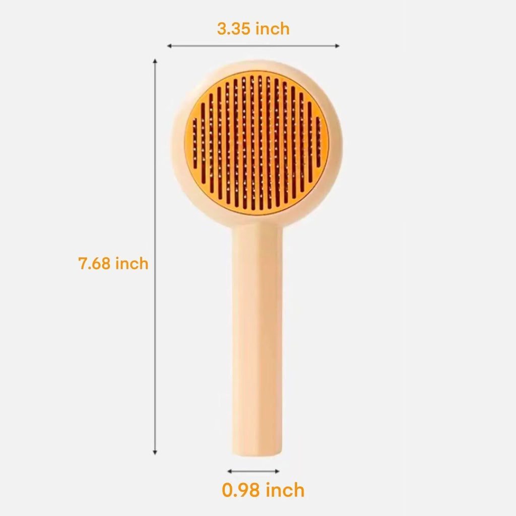 Blue self-cleaning pet grooming brush with angled metal pins