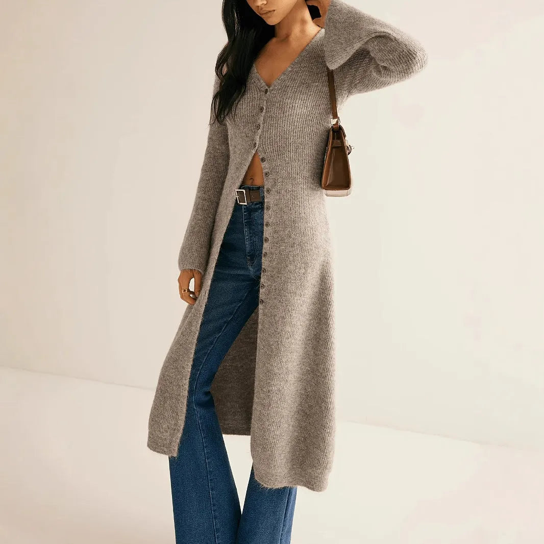 Khaki French style retro long sleeve coat cardigan with button front on display for commute and daily wear