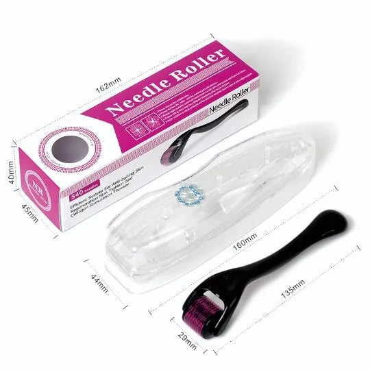 Black and purple titanium derma roller with 540 microneedles for face, hair, beard, and body.