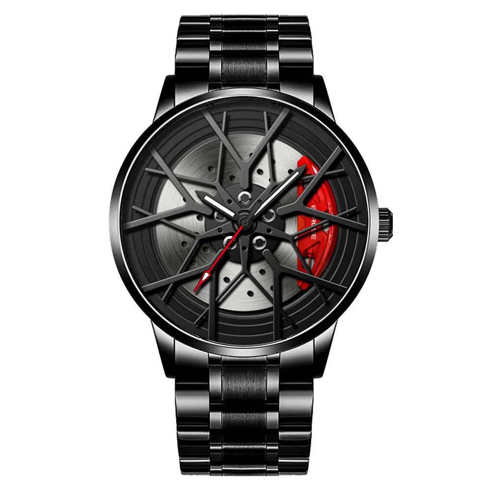 Waterproof men's luminous wheel watch with 43mm dial and black strap on wrist
