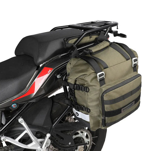 20L quick release motorcycle side bag in polyester with adjustable straps and buckle closure
