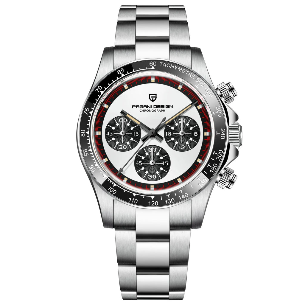 Berjani men's chronograph watch with black dial and stainless steel bracelet showing chronograph subdials