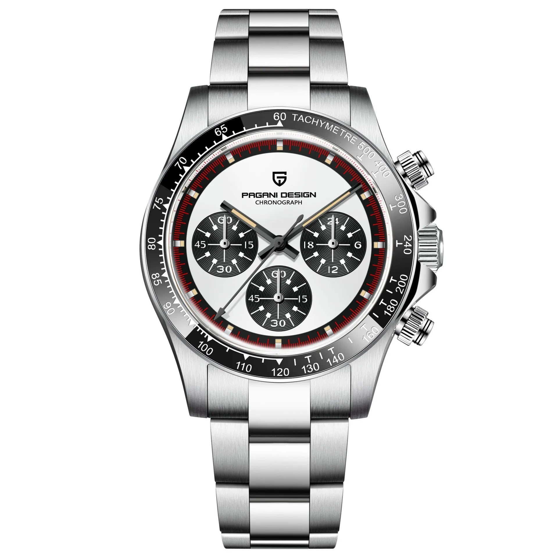 Berjani men's chronograph watch with black dial and stainless steel bracelet showing chronograph subdials