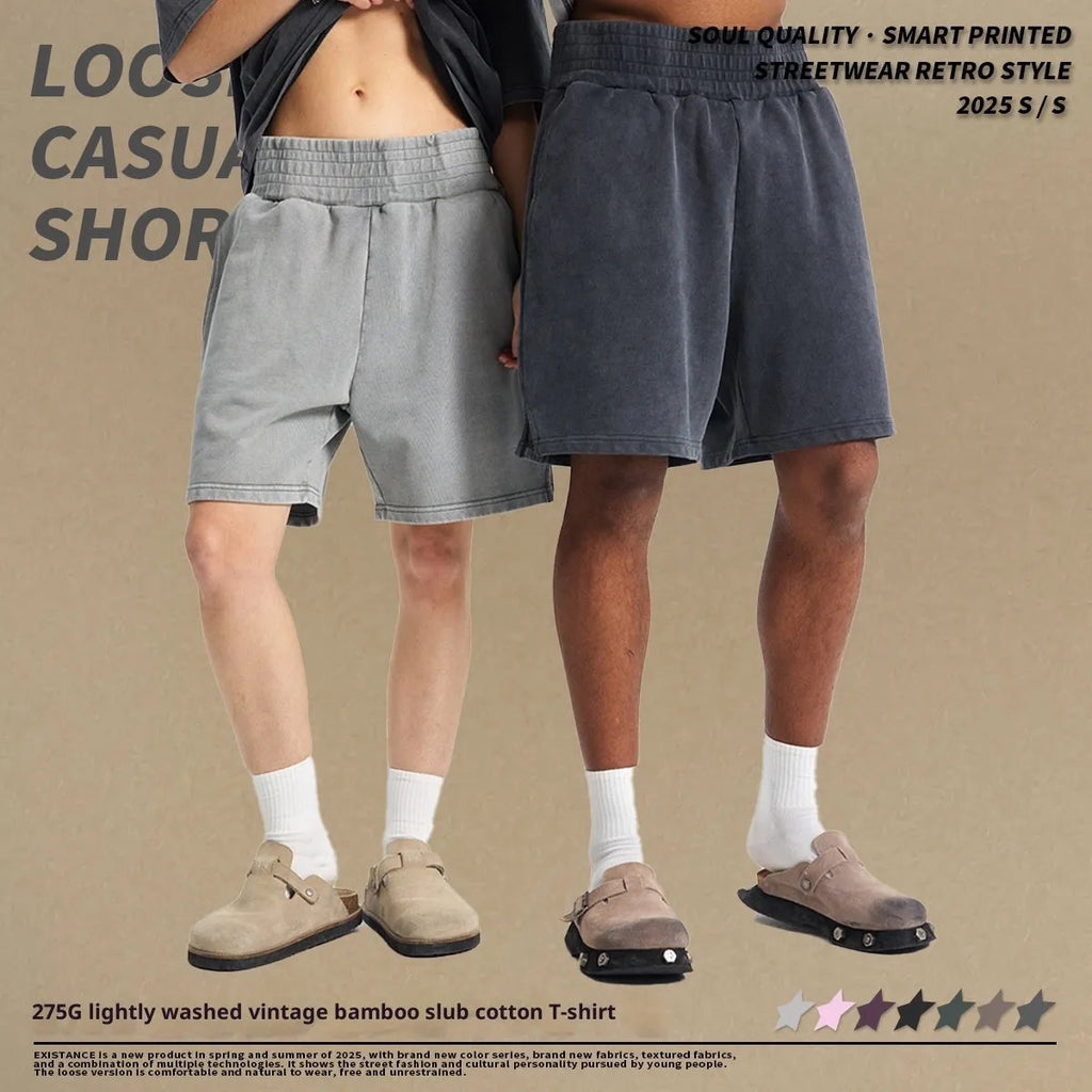 High Street distressed wash retro wide leg cotton men's shorts in washed black with elastic waist