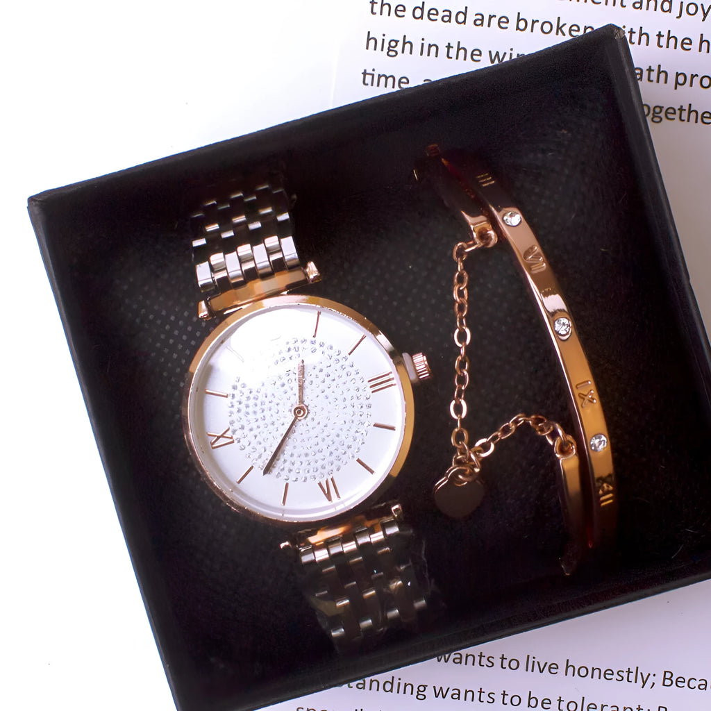 Silver gypsophila watch and bracelet two-piece set for women with quartz movement