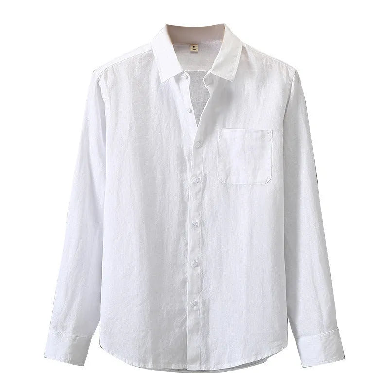 Linen long sleeve shirt in Chinese cardigan style showing loose fit and sun protection design