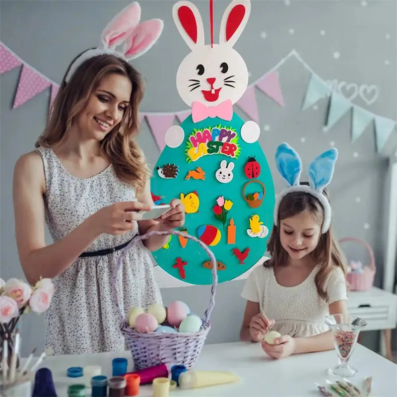 Easter DIY felt bunny pendant with detachable egg patches and letters on a light pink background