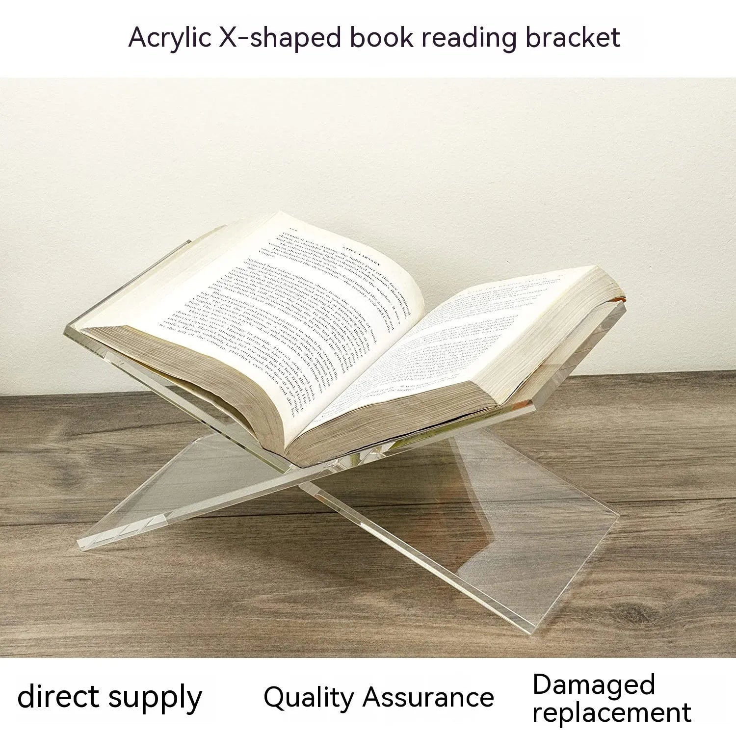 Clear acrylic X-shaped book display shelf holding books at an angle