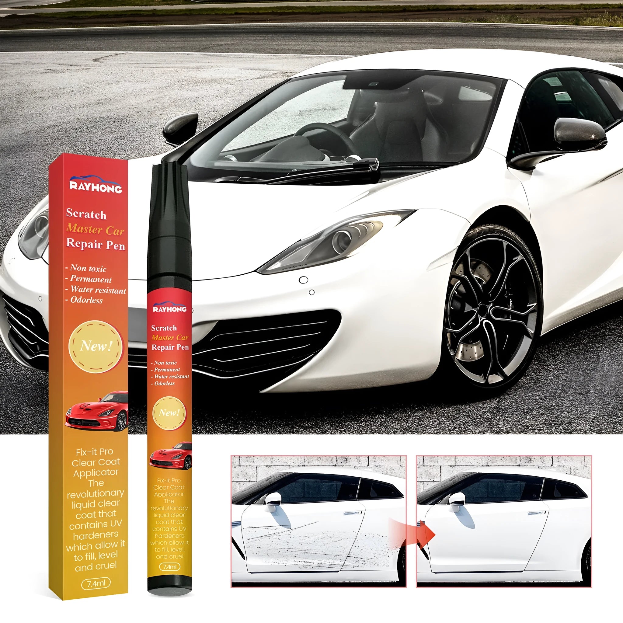 Car scratch repair pen 7.4ml UV curing formula for paint touch ups