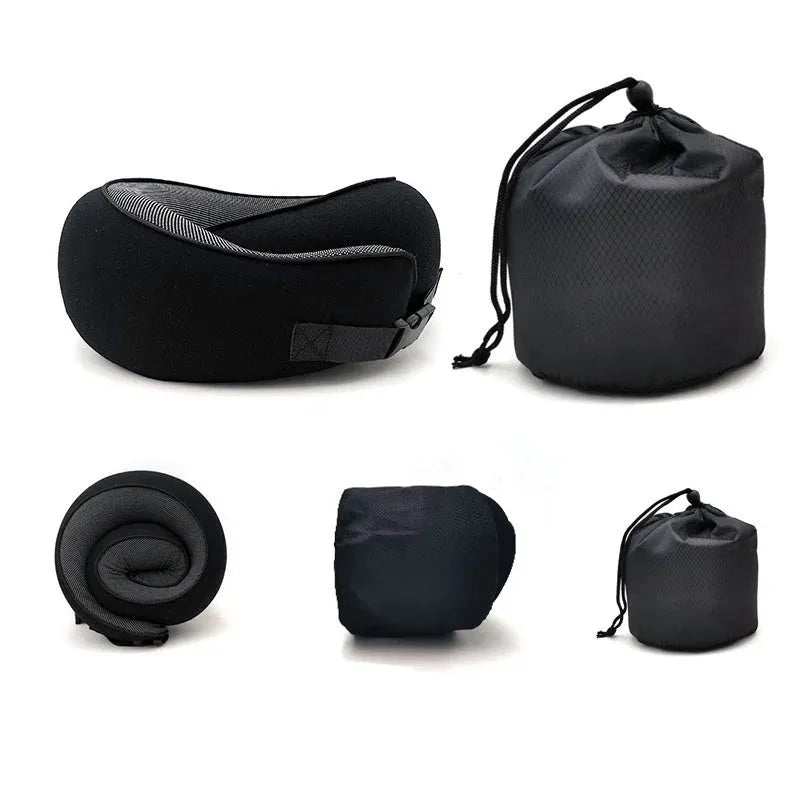 U-shaped travel neck pillow with memory foam filling in navy blue colour with buckle fastening