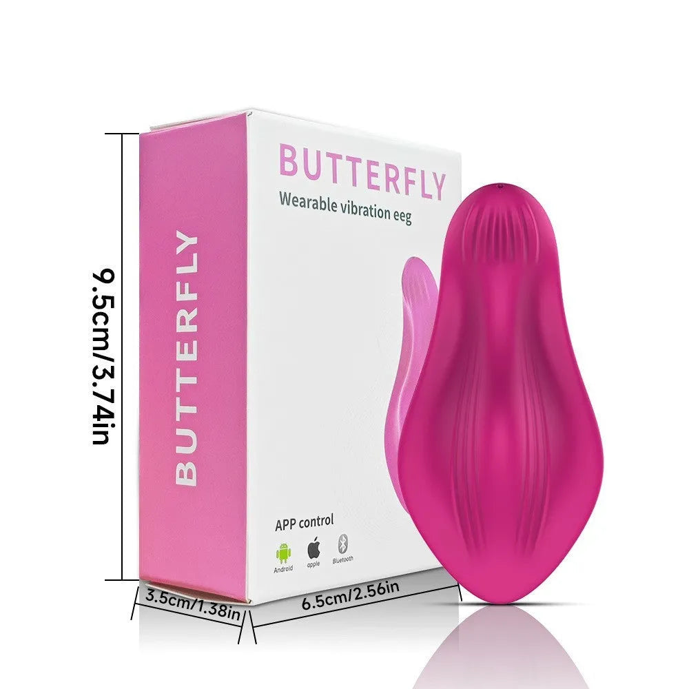 Rose red silicone butterfly vibrator with wearable design and smartphone app remote control