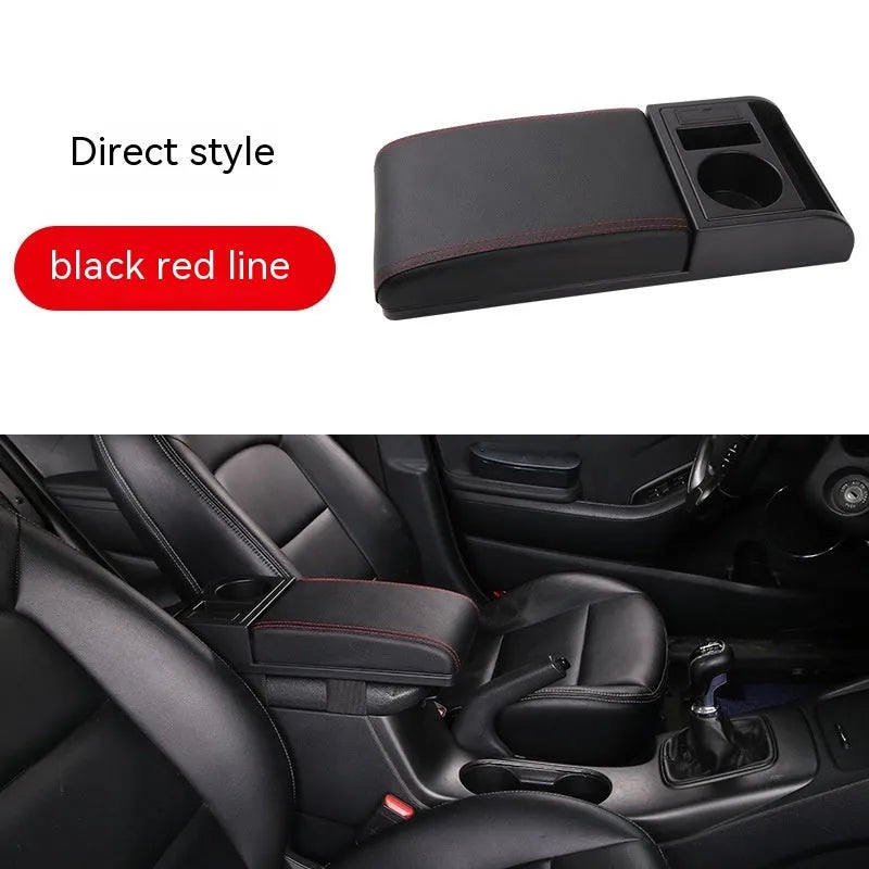 Universal car armrest cover with height adjustment in black PU leather with red stitching